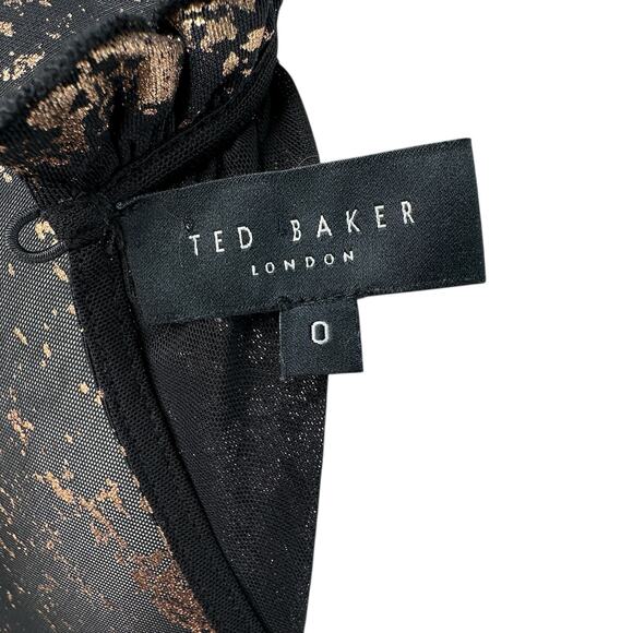 Ted Baker Knee Length Dress Size 0 Sheer Splatter Gold Metallic Party Cocktail - Picture 10 of 11